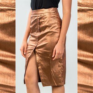 Metallic Gold Front Split Midi Skirt